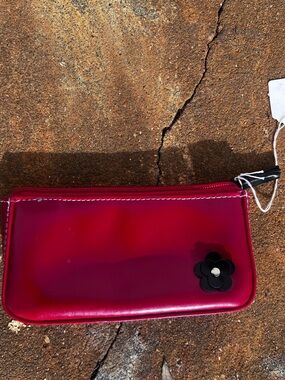 Red Zipper Synthetic Materials Pouch Black Flower Accent